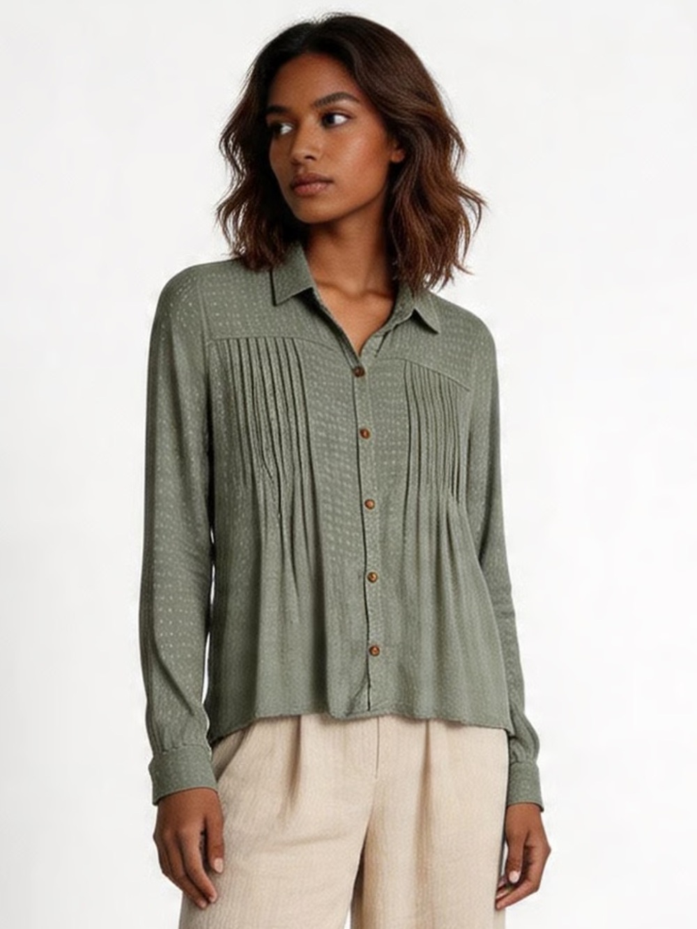 HOLLISTER | Olive Green Pintuck Button-Down Blouse Sz XS